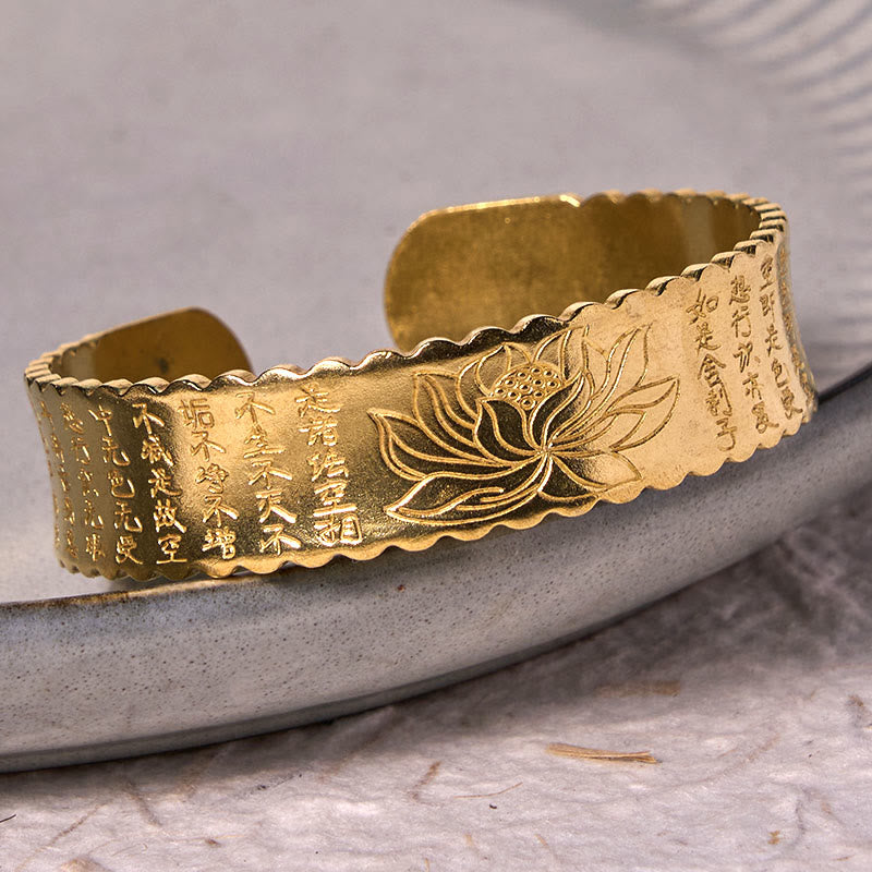 Foviel Heart Sutra Lotus Flower Copper Brass Peace Enlightenment Cuff Bracelet Bangle