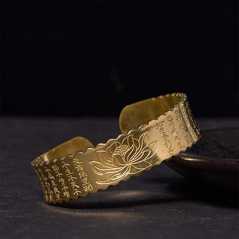 Foviel Heart Sutra Lotus Flower Copper Brass Peace Enlightenment Cuff Bracelet Bangle