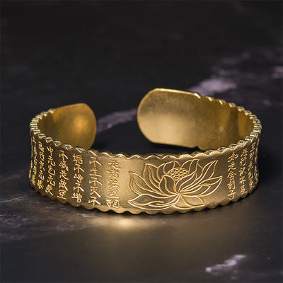 Foviel Heart Sutra Lotus Flower Copper Brass Peace Enlightenment Cuff Bracelet Bangle
