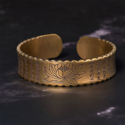 Foviel Heart Sutra Lotus Flower Copper Brass Peace Enlightenment Cuff Bracelet Bangle