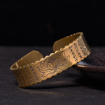 Foviel Heart Sutra Lotus Flower Copper Brass Peace Enlightenment Cuff Bracelet Bangle