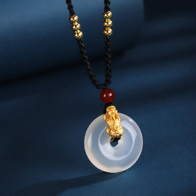 Buddha Stones  Black Onyx White Agate Peace Buckle 999 Sterling Silver Gold PiXiu Fortune Necklace Pendant Necklaces & Pendants BS 9