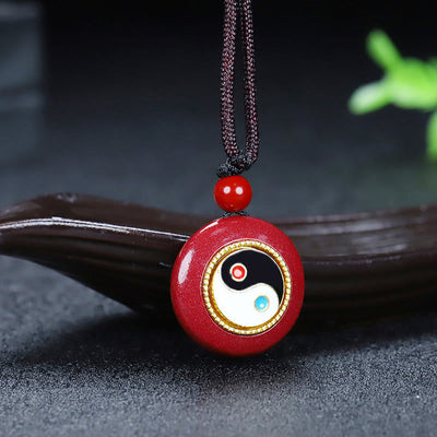 Foviel Natural Cinnabar Yin Yang Design Braided String Blessing Necklace Pendant