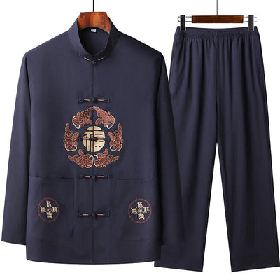 Buddha Stones Chinese New Year Embroidered Fu Tang Suit Hanfu Long Sleeve Top Pants Clothing Men's Set - MidnightBlue - US/UK/AU44，EU54 (4XL) - image 2