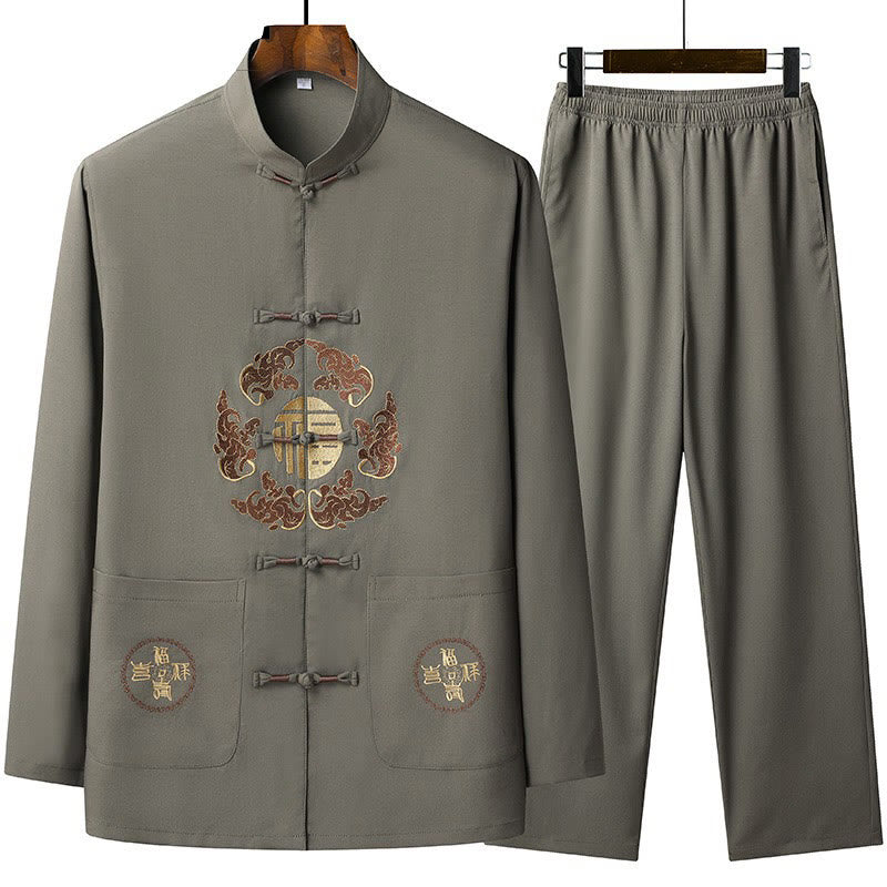 Buddha Stones Chinese New Year Embroidered Fu Tang Suit Hanfu Long Sleeve Top Pants Clothing Men's Set - OliveDrab - US/UK/AU44，EU54 (4XL) - image 3