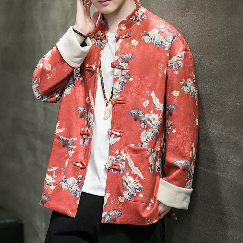 Buddha Stones Chinese New Year Clothes Flowers Fan Birds Frog-button Tang Suit Cotton Men's Jacket Shirt With Pockets - image 6
