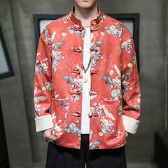 Buddha Stones Chinese New Year Clothes Flowers Fan Birds Frog-button Tang Suit Cotton Men's Jacket Shirt With Pockets - OrangeRed - US/UK/AU46，EU56 (5XL) - image 0