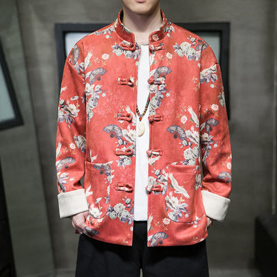 Buddha Stones Chinese New Year Clothes Flowers Fan Birds Frog-button Tang Suit Cotton Men's Jacket Shirt With Pockets - OrangeRed - US/UK/AU46，EU56 (5XL) - image 0