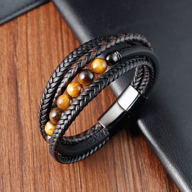 Buddha Stones Tiger Eye Stone Protection Leather Bracelet Bracelet BS 2