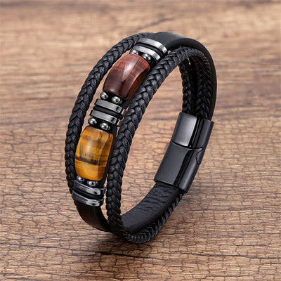 Buddha Stones Tiger Eye Stone Courage Willpower Multi-layer Leather Bracelet Bracelet BS Yellow-Brown-Red Tiger Eye 18-22cm