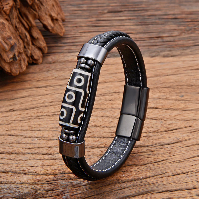 Buddha Stones Tibetan Nine-Eye Dzi Bead Wealth Leather Buckle Bracelet Bracelet BS Black 18-22cm