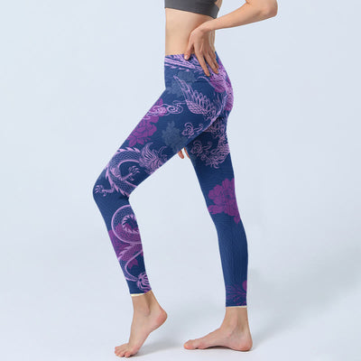 Buddha Stones Purple Dragon Phoenix Flowers Print Gym Leggings Women's Yoga Pants - image 2
