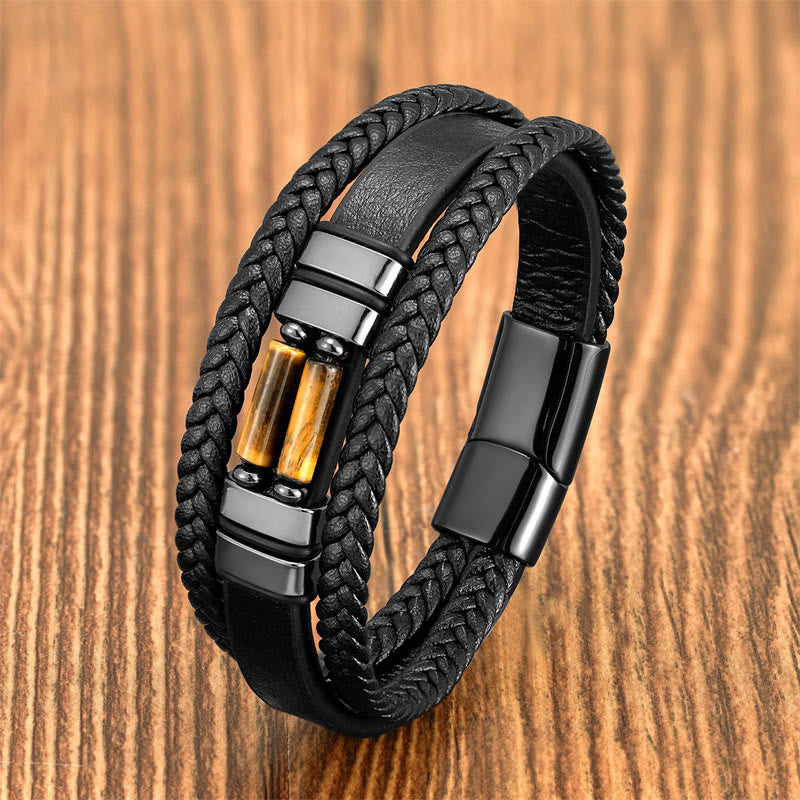 Buddha Stones Tiger Eye Lazurite Hematite Picture Jasper Black Onyx Strength Multi-layer Leather Bracelet - Tiger Eye - 18-22cm - image 0