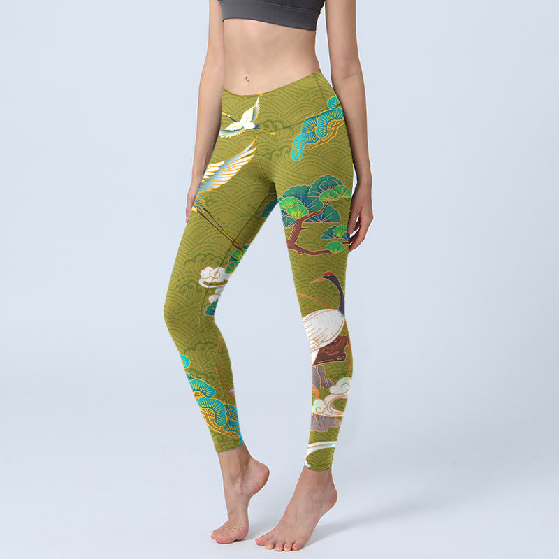 Buddha Stones Flying Cranes Auspicious Clouds Trees Print Gym Leggings Women's Yoga Pants - OliveDrab - US18，UK/AU22，EU50 (4XL) - image 0