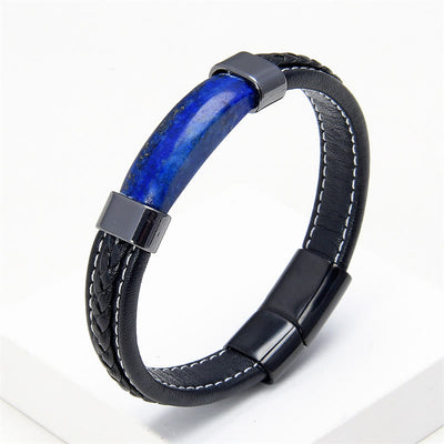 Buddha Stones Lazurite Tiger Eye Rhodonite Hematite Black Onyx Stone Balance Leather Bracelet - Lazurite - 18-22cm - image 0