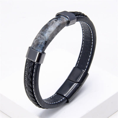 Buddha Stones Lazurite Tiger Eye Rhodonite Hematite Black Onyx Stone Balance Leather Bracelet - Black Glitter Stone - 18-22cm - image 13