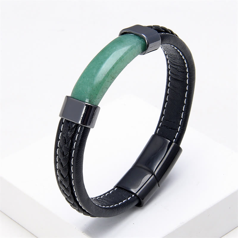 Buddha Stones Lazurite Tiger Eye Rhodonite Hematite Black Onyx Stone Balance Leather Bracelet - Green Aventurine - 18-22cm - image 9