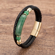 Foviel Green Aventurine Tiger Eye Green Agate Black Onyx Hematite Stone Luck Leather Magnetic Buckle Bracelet