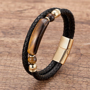 Foviel Green Aventurine Tiger Eye Green Agate Black Onyx Hematite Stone Luck Leather Magnetic Buckle Bracelet