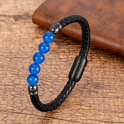Buddha Stones Blue Agate Tiger Eye Lava Rock Black Onyx Lazurite Bead Protection Leather Bracelet - Blue Agate - 18-22cm - image 1