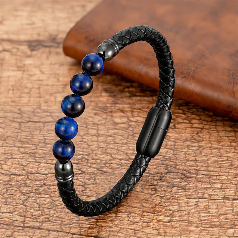 Buddha Stones Blue Agate Tiger Eye Lava Rock Black Onyx Lazurite Bead Protection Leather Bracelet - Blue Tiger Eye - 18-22cm - image 4