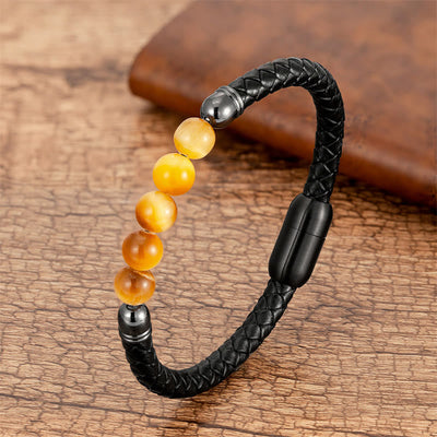 Buddha Stones Blue Agate Tiger Eye Lava Rock Black Onyx Lazurite Bead Protection Leather Bracelet - Golden Tiger Eye - 18-22cm - image 6