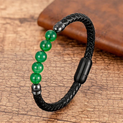 Buddha Stones Blue Agate Tiger Eye Lava Rock Black Onyx Lazurite Bead Protection Leather Bracelet - Green Agate - 18-22cm - image 7