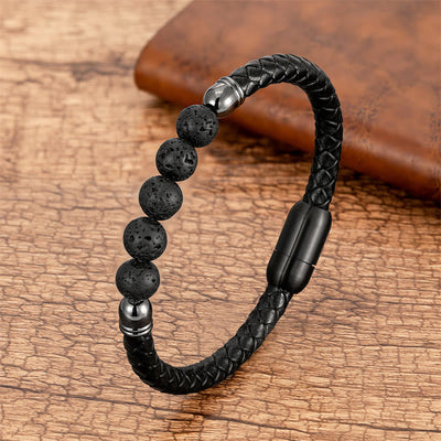 Buddha Stones Blue Agate Tiger Eye Lava Rock Black Onyx Lazurite Bead Protection Leather Bracelet - Lava Rock - 18-22cm - image 12