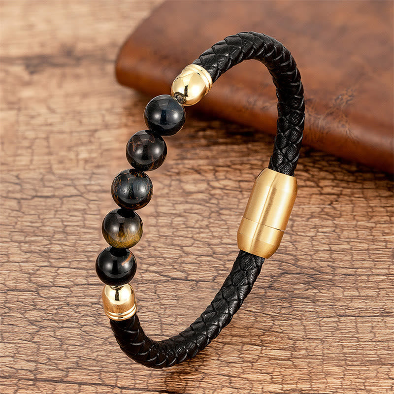 Buddha Stones Blue Agate Tiger Eye Lava Rock Black Onyx Lazurite Bead Protection Leather Bracelet - Black Yellow Tiger Eye - 18-22cm - image 18