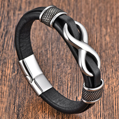 GRATUIT aujourd'hui : Bracelet en acier titane et cuir avec fermoir, motif infini et nœud sans fin