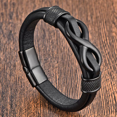 GRATUIT aujourd'hui : Bracelet en acier titane et cuir avec fermoir, motif infini et nœud sans fin