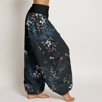 Buddha Stones Small White Blossoms Green Leaves Women's Elastic Waist Harem Pants - image 3