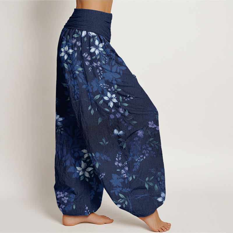 Buddha Stones Small White Blossoms Green Leaves Women's Elastic Waist Harem Pants - image 7