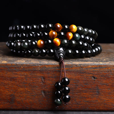 Buddha Stones 108 Mala Beads Black Obsidian lce Obsidian Fulfilment Bracelet Mala Bracelet BS Black Obsidian Tiger Eye(Wrist Circumference: 14-16cm) 6mm