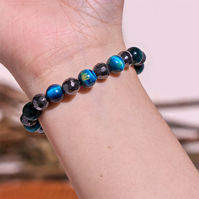 Foviel 2Pcs Hematite Tiger Eye Blue Tiger Eye Powerful Bracelet Set
