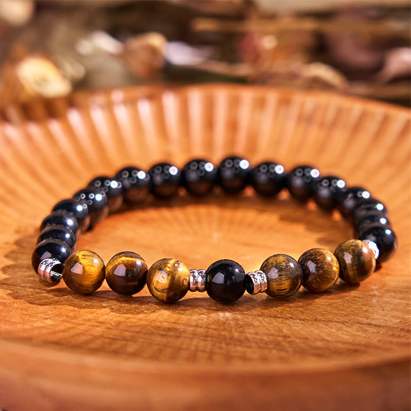 Foviel 2Pcs Hematite Tiger Eye Blue Tiger Eye Powerful Bracelet Set