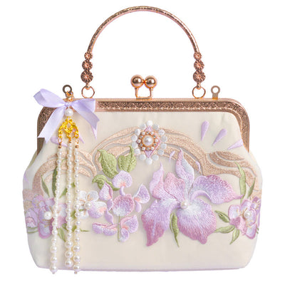 Buddha Stones Flowers Embroidered Tassel Pendant Pearl Metal Chain Crossbody Bag Handbags Crossbody Bag&Handbags BS 5
