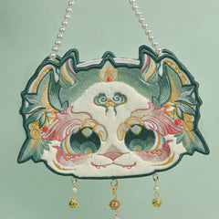 Buddha Stones Double-sided Mythical Beast Bai Ze Embroidery Pearl Chain Tassel Shoulder Bag Crossbody Bag Crossbody Bag&Shoudler Bag BS Green Double-sided Bai Ze Embroidery 25*17*7cm