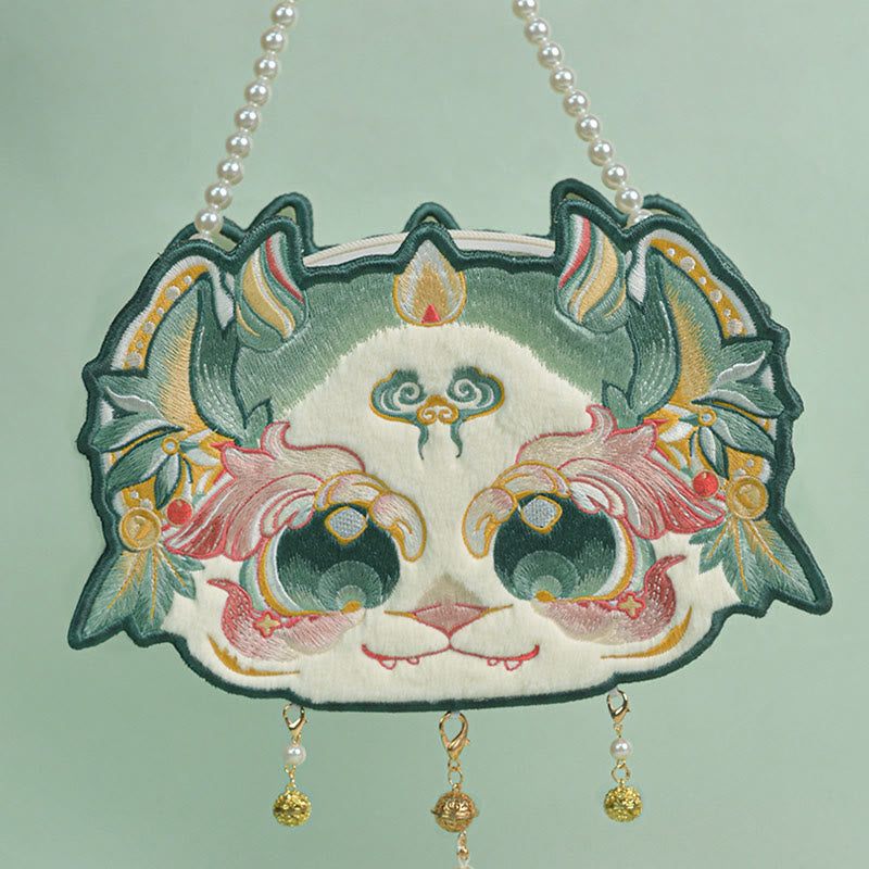 Buddha Stones Double-sided Mythical Beast Bai Ze Embroidery Pearl Chain Tassel Shoulder Bag Crossbody Bag Crossbody Bag&Shoudler Bag BS Green Double-sided Bai Ze Embroidery 25*17*7cm