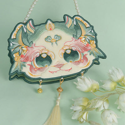 Buddha Stones Double-sided Mythical Beast Bai Ze Embroidery Pearl Chain Tassel Shoulder Bag Crossbody Bag Crossbody Bag&Shoudler Bag BS Green Single-sided Bai Ze Embroidery 25*17*7cm