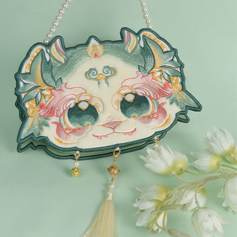 Buddha Stones Double-sided Mythical Beast Bai Ze Embroidery Pearl Chain Tassel Shoulder Bag Crossbody Bag Crossbody Bag&Shoudler Bag BS Green Single-sided Bai Ze Embroidery 25*17*7cm