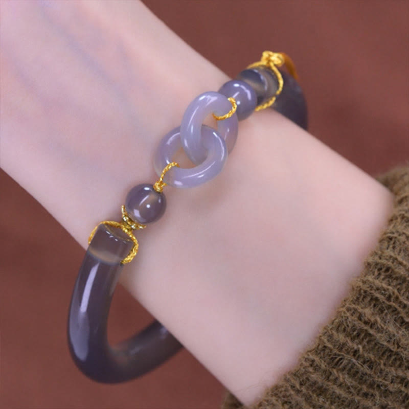 Buddha Stones Gray Agate Copper Hook Peace Cuff Half Bracelet Bangle Bracelet BS 2