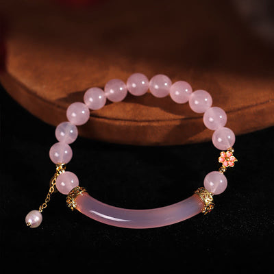 Buddha Stones Pink Crystal Blue Chalcedony Pearl Cuff Half Bracelet Bangle Bracelet BS 2
