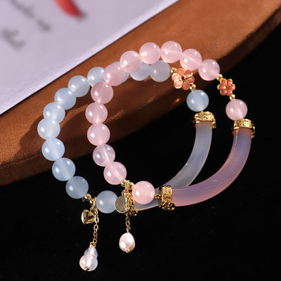Buddha Stones Pink Crystal Blue Chalcedony Pearl Cuff Half Bracelet Bangle Bracelet BS 10