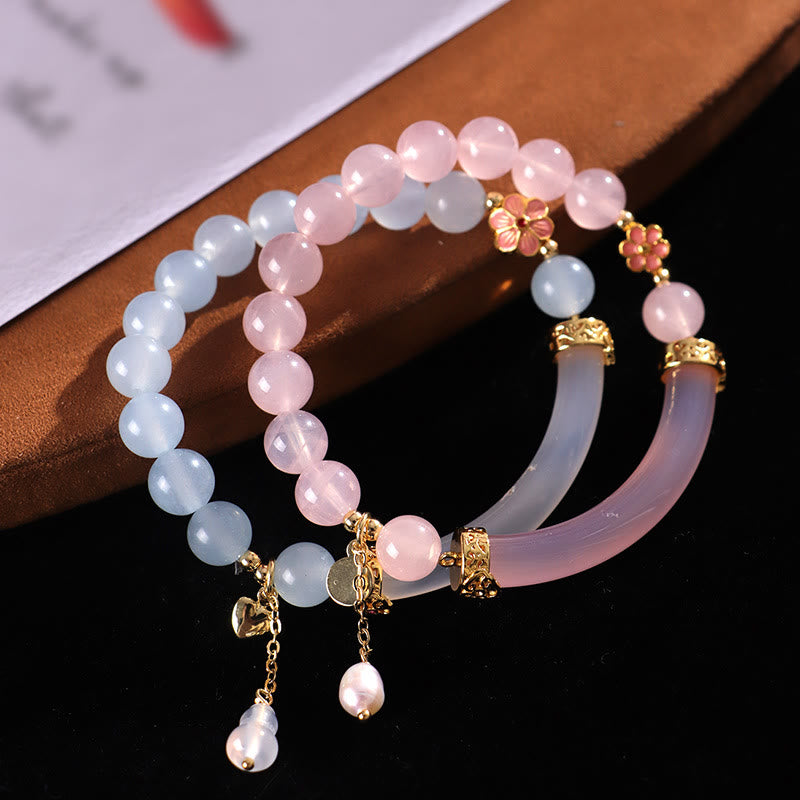 Buddha Stones Pink Crystal Blue Chalcedony Pearl Cuff Half Bracelet Bangle Bracelet BS 10