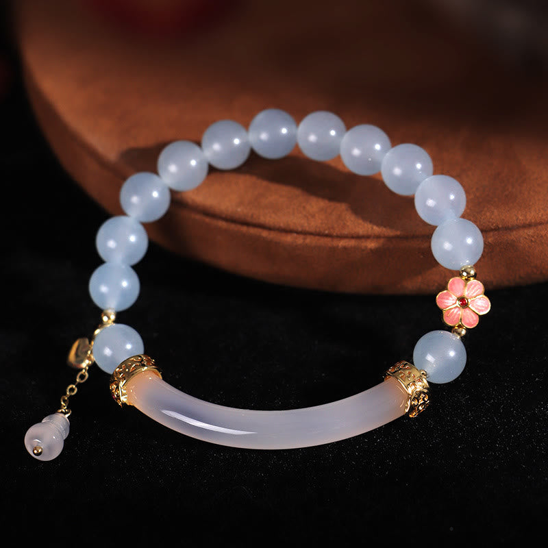Buddha Stones Pink Crystal Blue Chalcedony Pearl Cuff Half Bracelet Bangle Bracelet BS 9