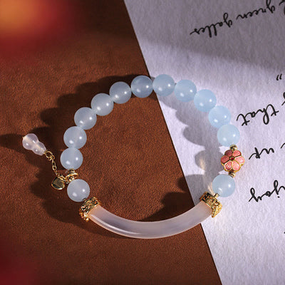 Buddha Stones Pink Crystal Blue Chalcedony Pearl Cuff Half Bracelet Bangle Bracelet BS 11