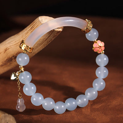 Buddha Stones Pink Crystal Blue Chalcedony Pearl Cuff Half Bracelet Bangle Bracelet BS Blue Chalcedony Pearl(Inner Diameter: 52mm)