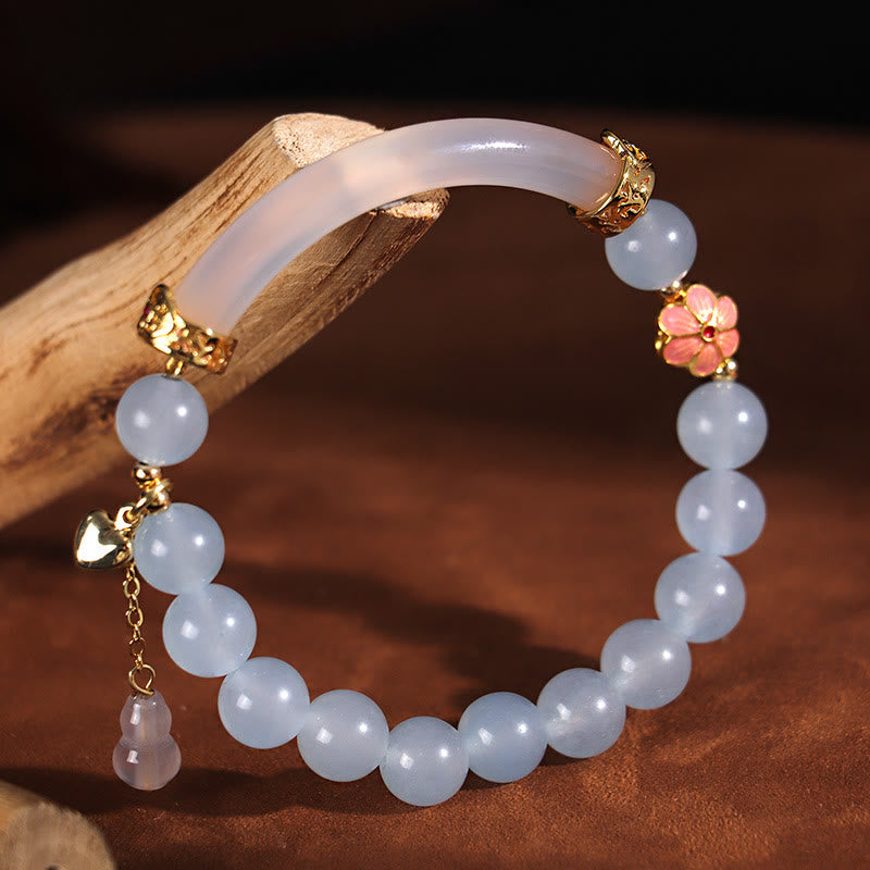 Buddha Stones Pink Crystal Blue Chalcedony Pearl Cuff Half Bracelet Bangle Bracelet BS Blue Chalcedony Pearl(Inner Diameter: 52mm)