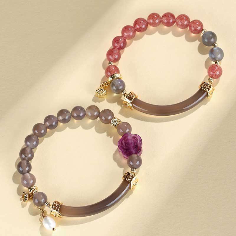 Buddha Stones Strawberry Quartz Labradorite Fluorite Pearl Cuff Half Bracelet Bangle Bracelet BS 12